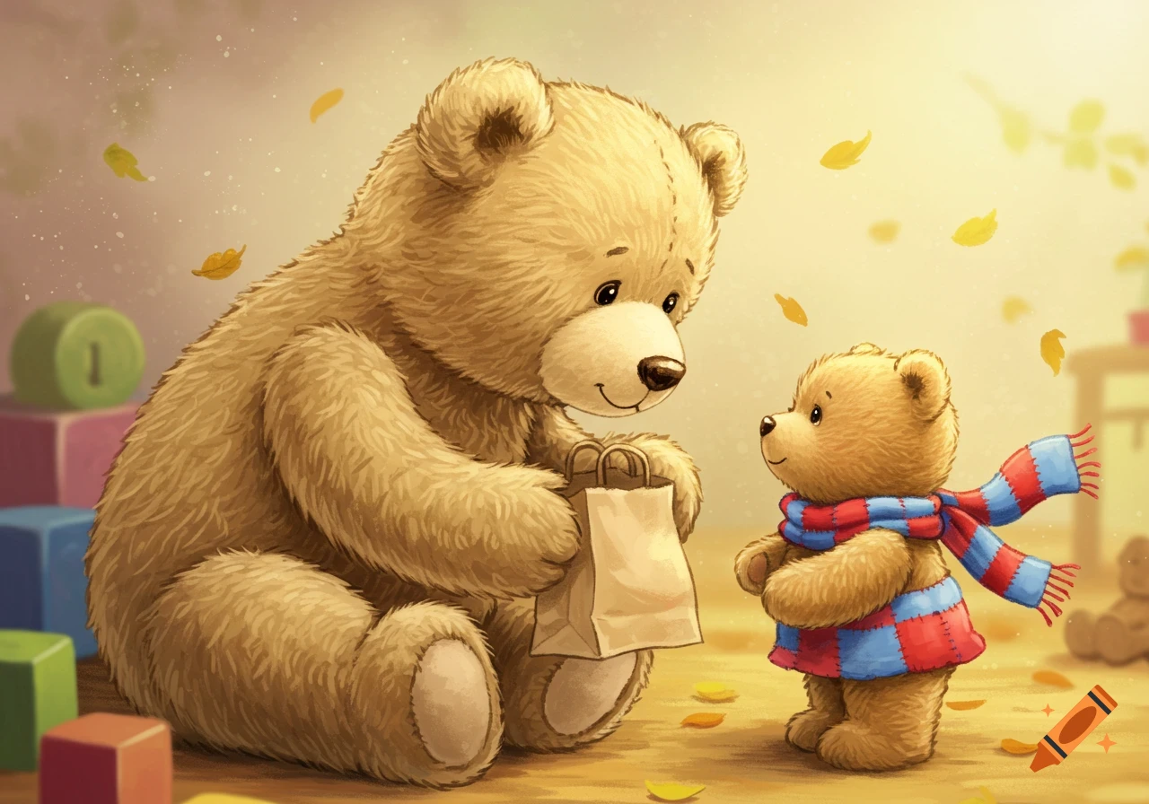 A larger brown teddy bear gives a small paper bag to a smaller teddy bear wearing a blue and red striped scarf, in a cheerful cartoon style.