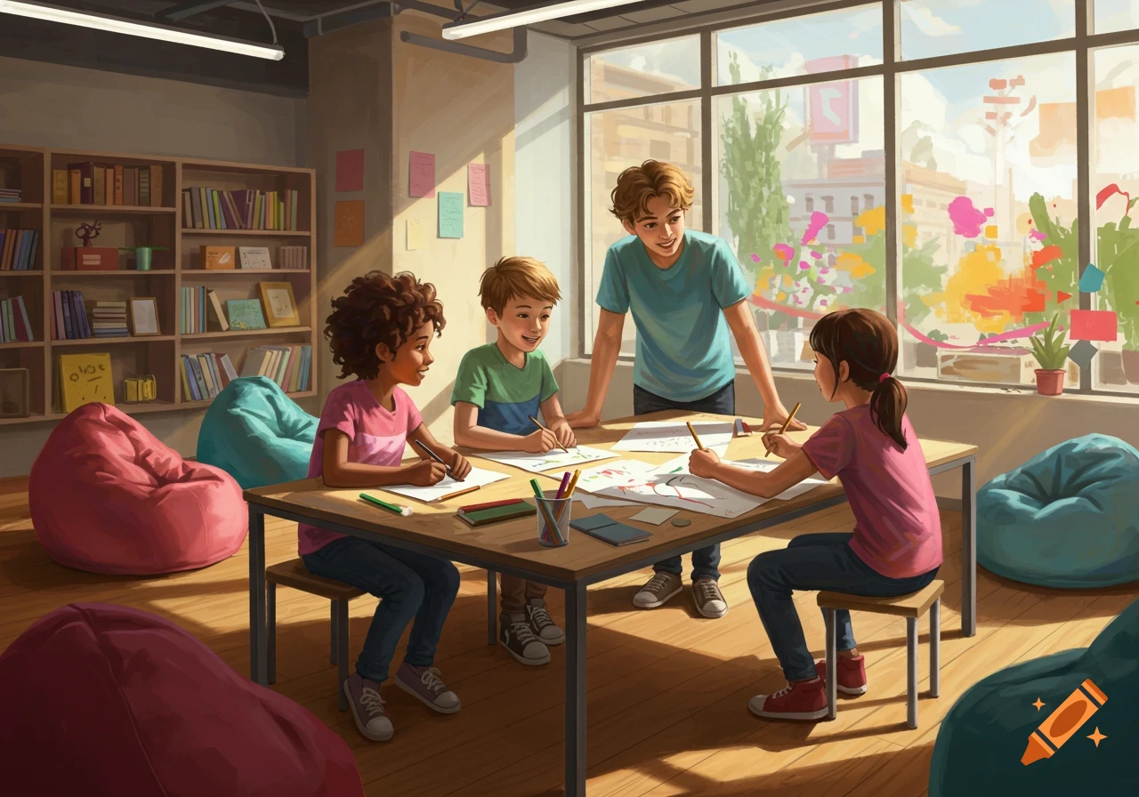 Four children and one teenager drawing and collaborating around a table in a brightly lit youth center.