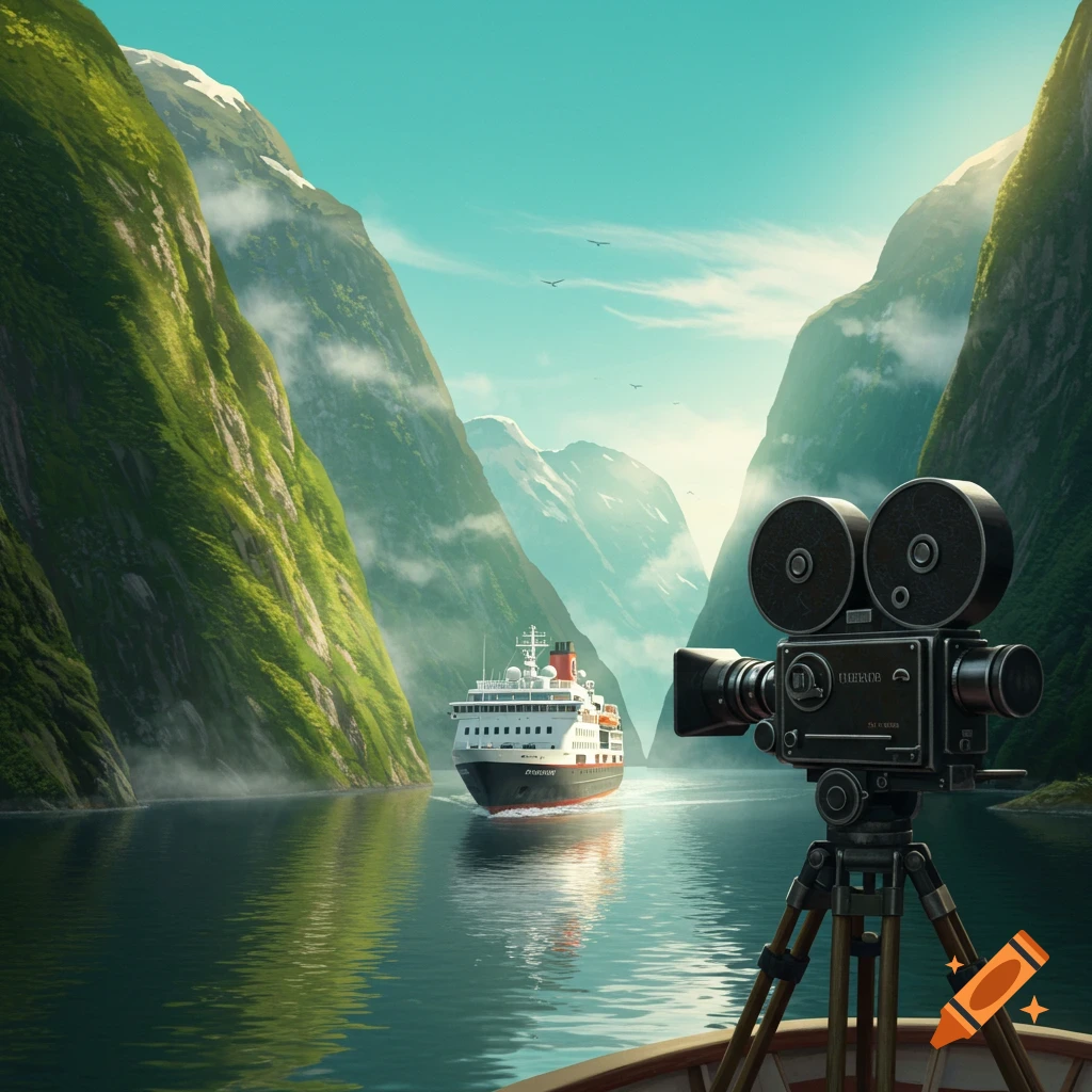 A vintage film camera on a tripod in a boat films a large cruise ship sailing through a serene fjord with towering green mountains under a bright sky.