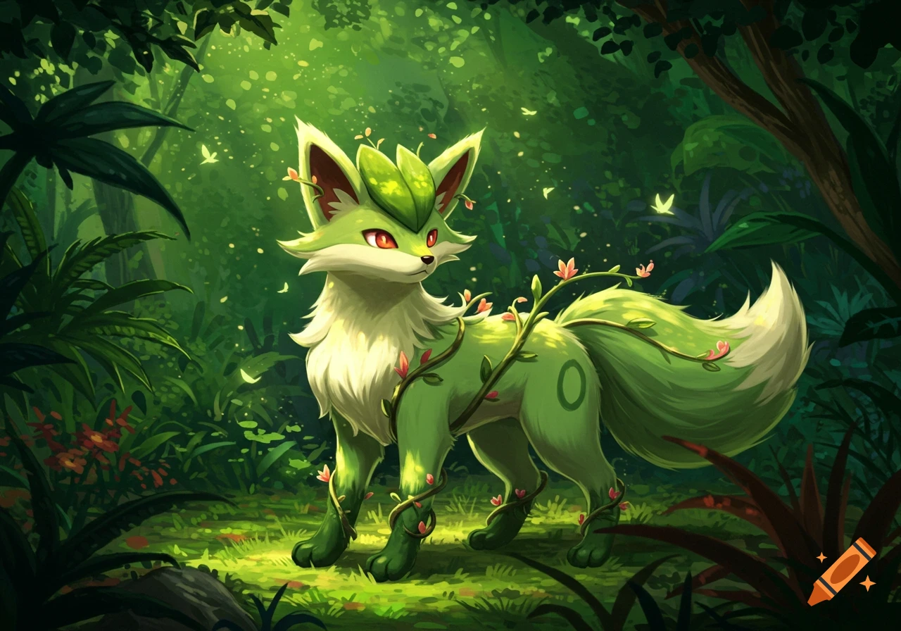 A vibrant green fox-like creature with leafy ears and vines with pink flowers on its body stands in a lush forest.