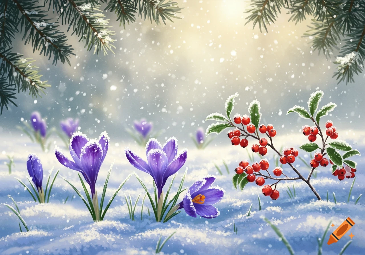 Purple crocuses and red berries covered in snow with pine branches overhead, softly falling snow.