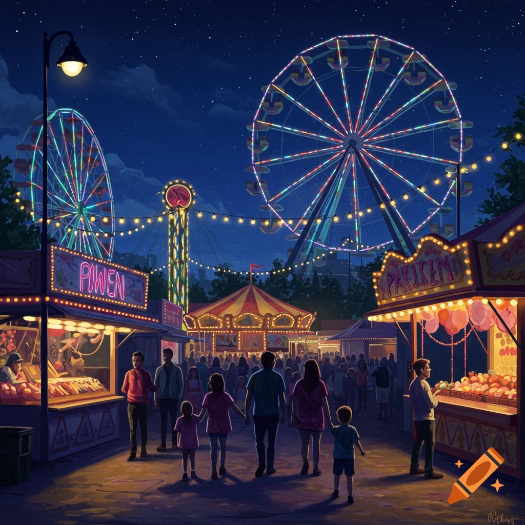 An illustrative night scene of a bustling fair with bright lights, Ferris wheels, and people walking between stalls.