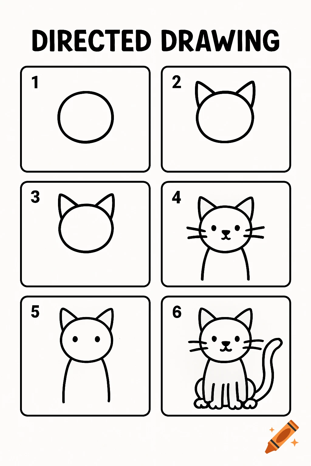 A 6-step directed drawing guide showing how to draw a simple cartoon cat with thick outlines.