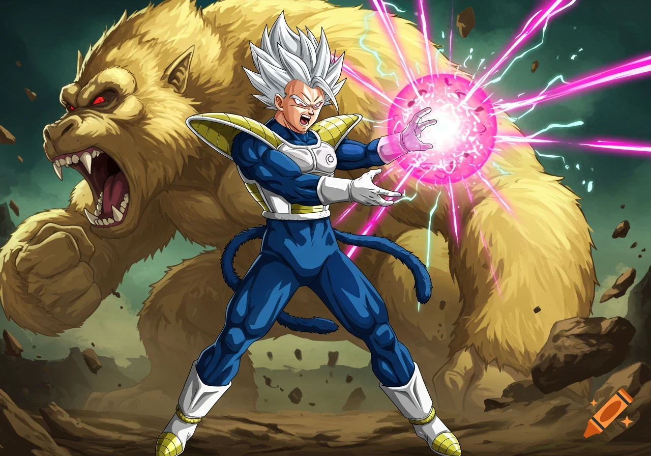 An anime warrior with white spiky hair blasts energy while a giant golden ape roars behind him.