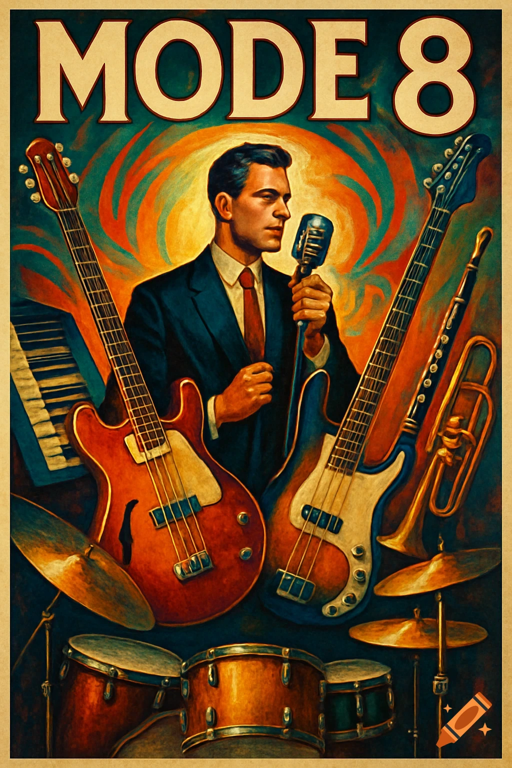 Vintage-style poster featuring a male singer with a microphone, surrounded by guitars, drums, piano keys, trombone, and clarinet, with 'MODE 8' text at the top.