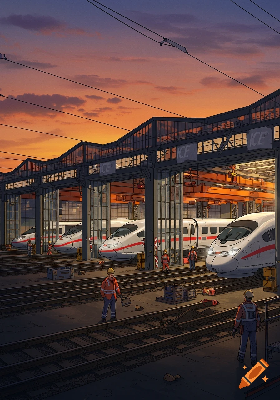 Illustrated view of multiple white ICE trains inside a large depot, with workers on the tracks at sunset.