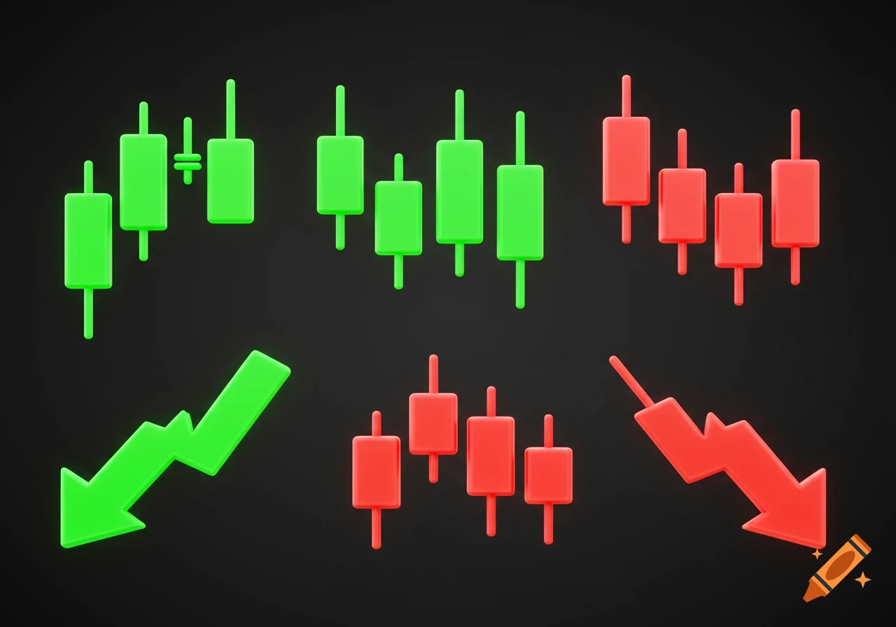A set of green and red 3D candlestick charts and arrows, representing financial market trends, on a dark background.