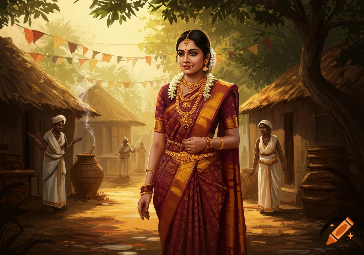 A detailed illustration of a traditional Tamil woman in a maroon and gold saree and elaborate jewelry, standing in a bustling sunny village.