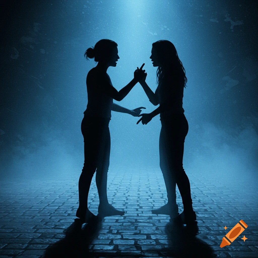 Two women's silhouettes arguing and gesturing under a blue light on a cobblestone floor.