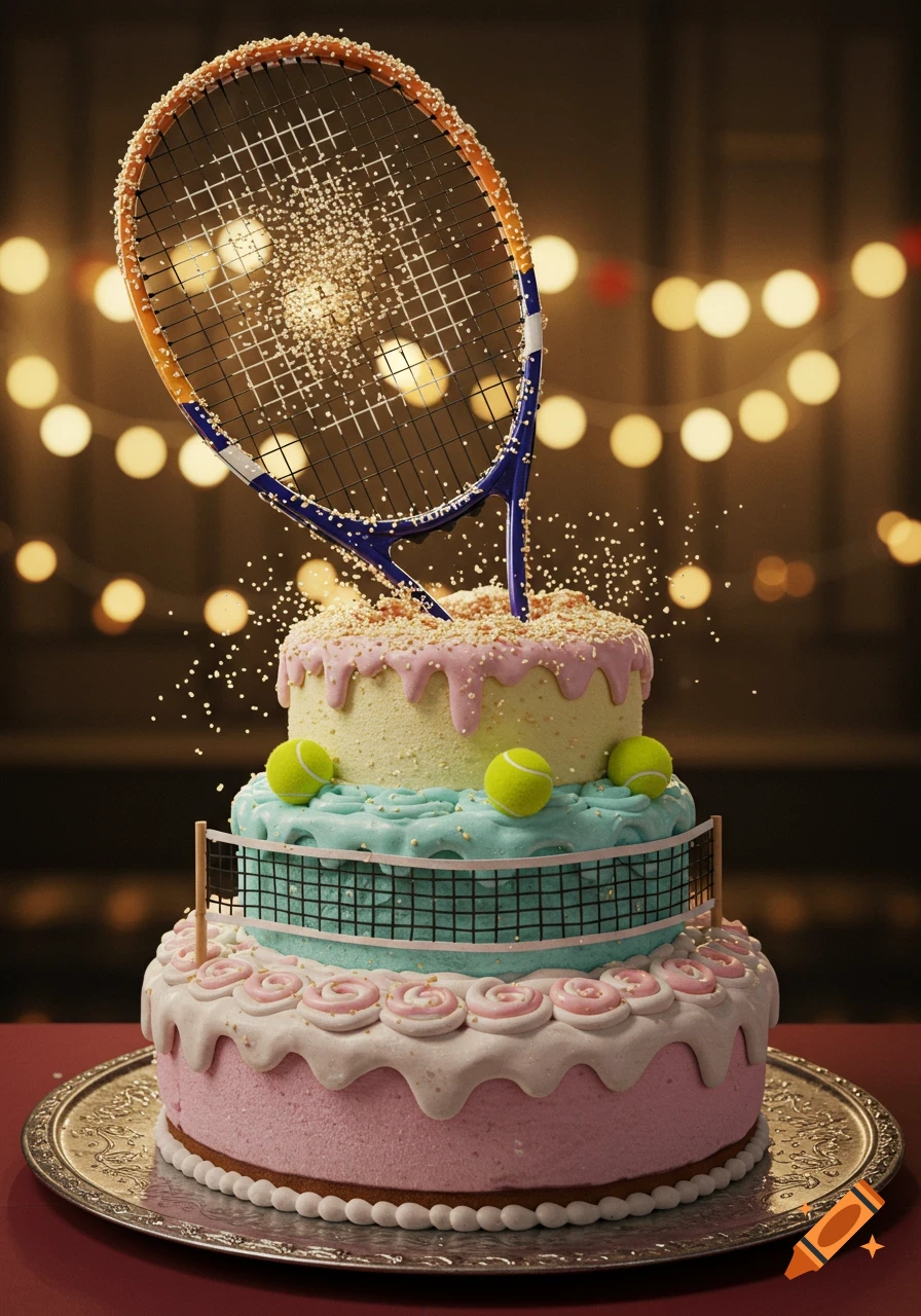 A photorealistic tiered birthday cake decorated with a tennis racket and tennis balls, set against a background of blurred festive lights.