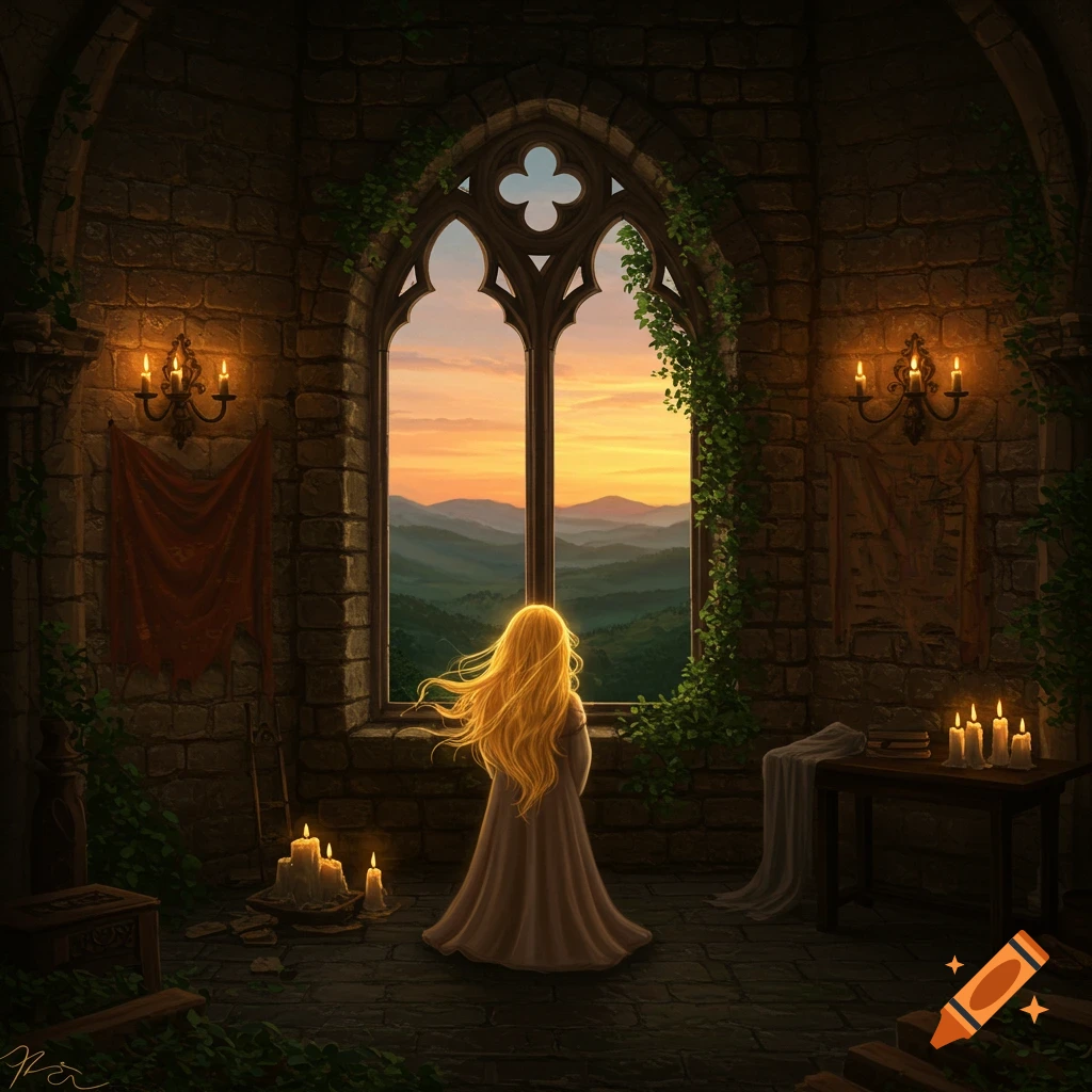 A blonde-haired person in a dress looks out a gothic castle window at a mountain sunset, digital painting.