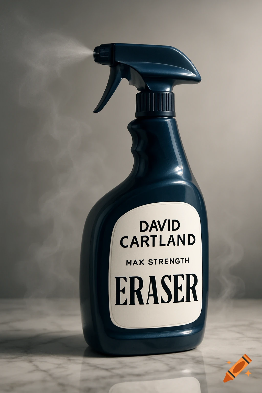 A photorealistic dark blue spray bottle on a marble counter, emitting mist, with a label reading 'DAVID CARTLAND MAX STRENGTH ERASER'.