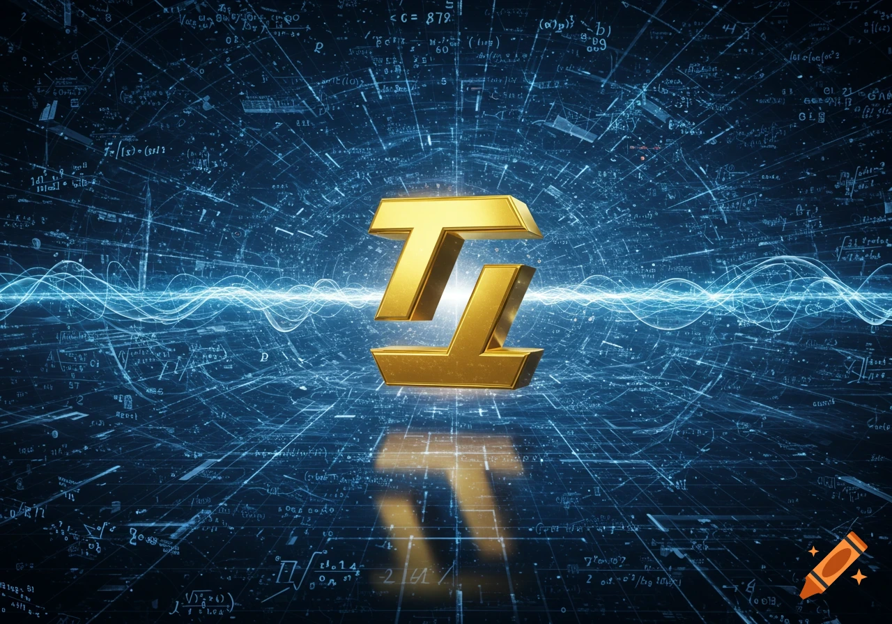 A glowing golden "TL" or "TT" logo floats centrally against a dark blue background filled with abstract lines, mathematical formulas, and light trails, creating a digital, futuristic aesthetic.