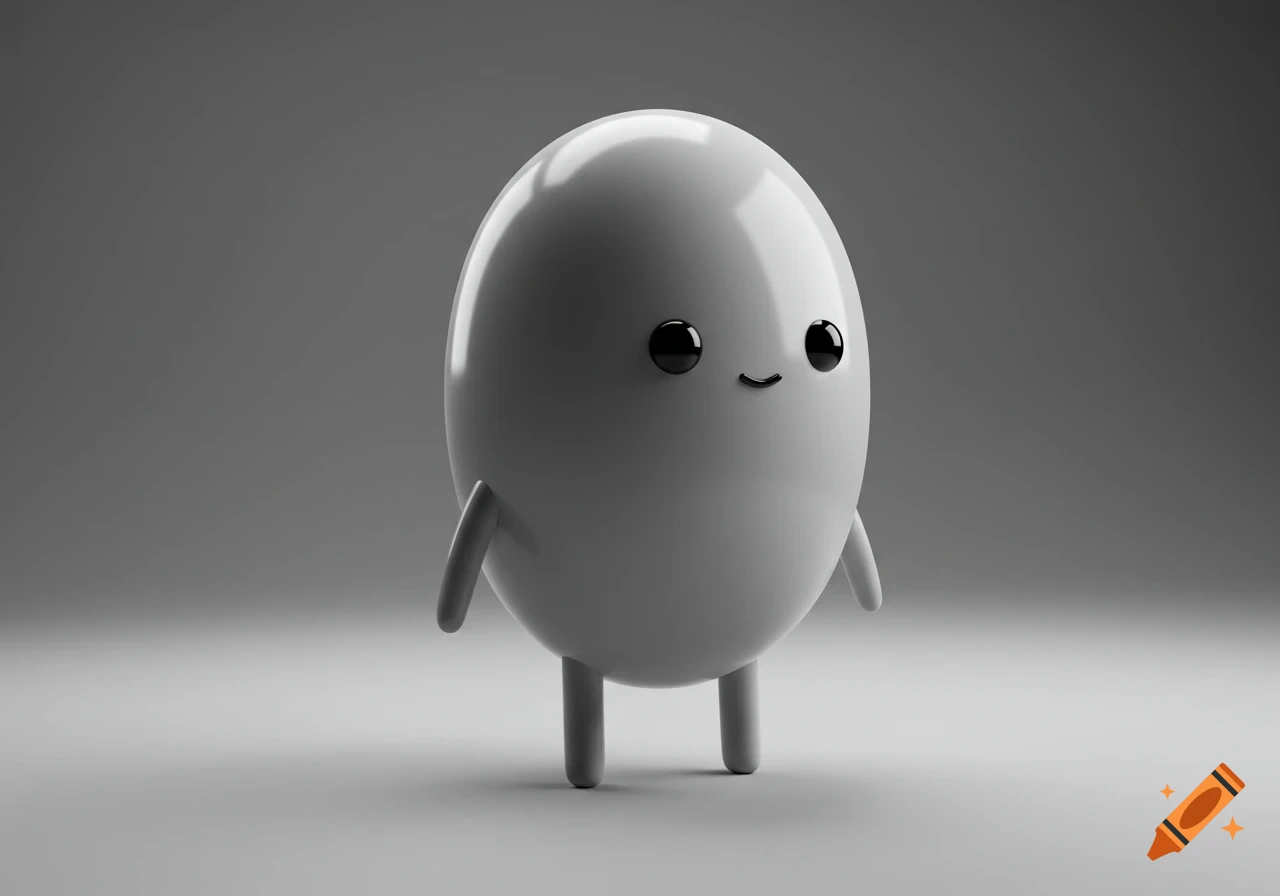 A minimalist 3D rendering of a white, egg-shaped character with dot eyes, a simple smile, and stick limbs, standing on a light gray surface.