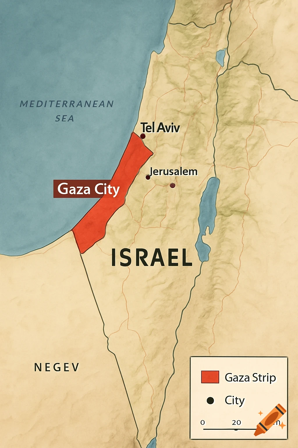 A map of Israel showing the Gaza Strip highlighted in red, along with Tel Aviv, Jerusalem, the Negev desert, and the Mediterranean Sea.