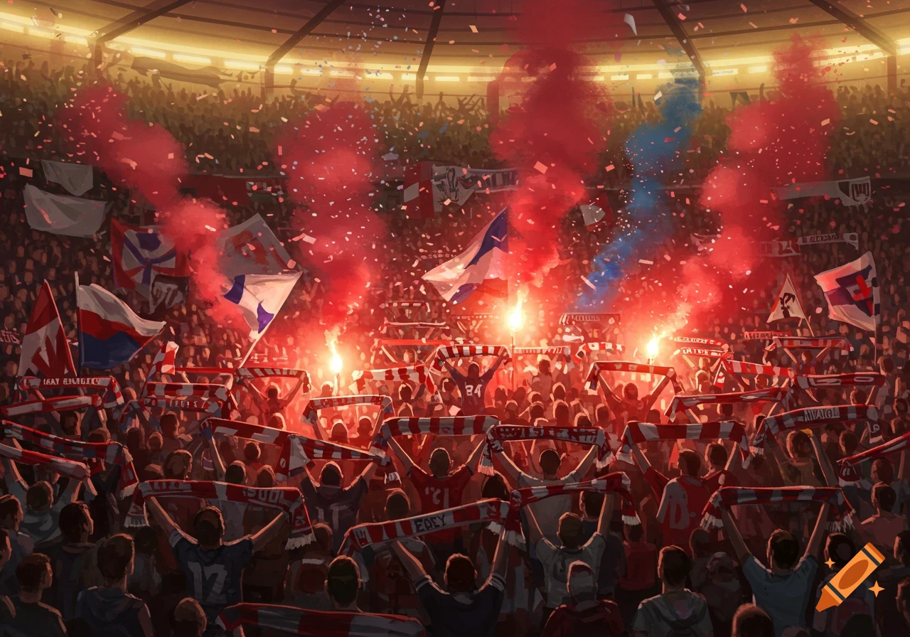 A crowded football stadium filled with cheering fans, holding scarves, flags, and igniting red and blue smoke flares amidst confetti.