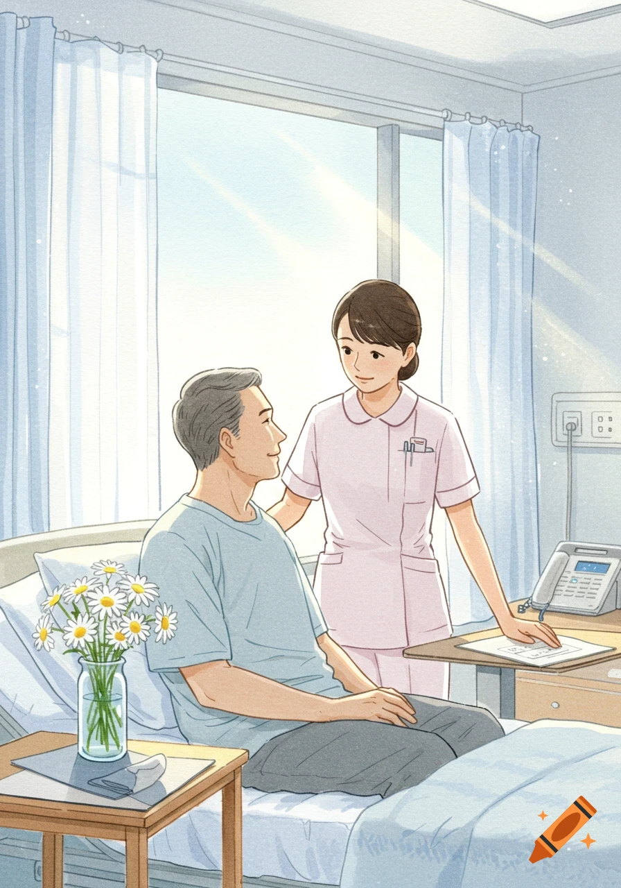 A soft watercolor illustration shows a nurse explaining something to a male patient sitting in a hospital bed with flowers nearby.