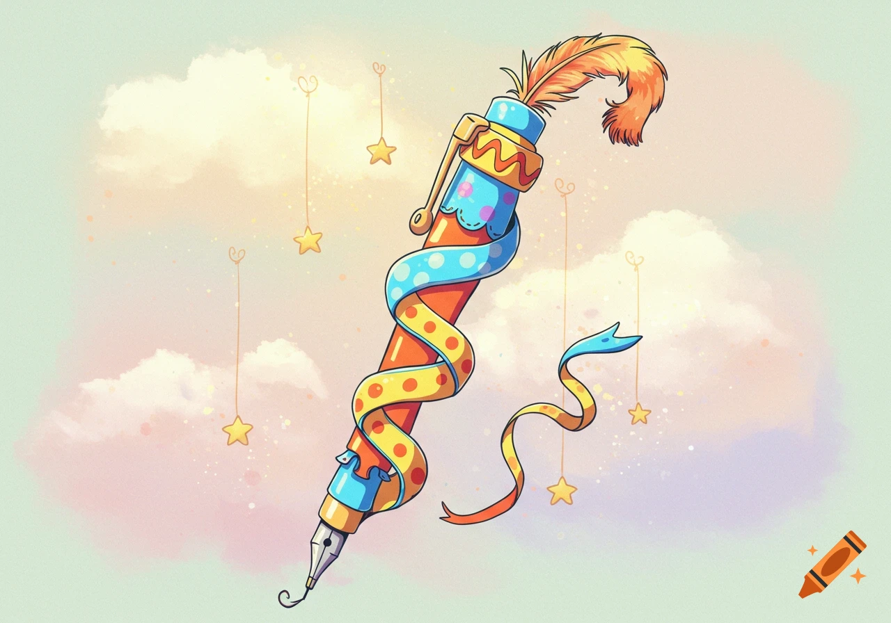 A colorful, whimsical writing pen adorned with ribbons and a feather, set against a pastel sky with hanging stars.