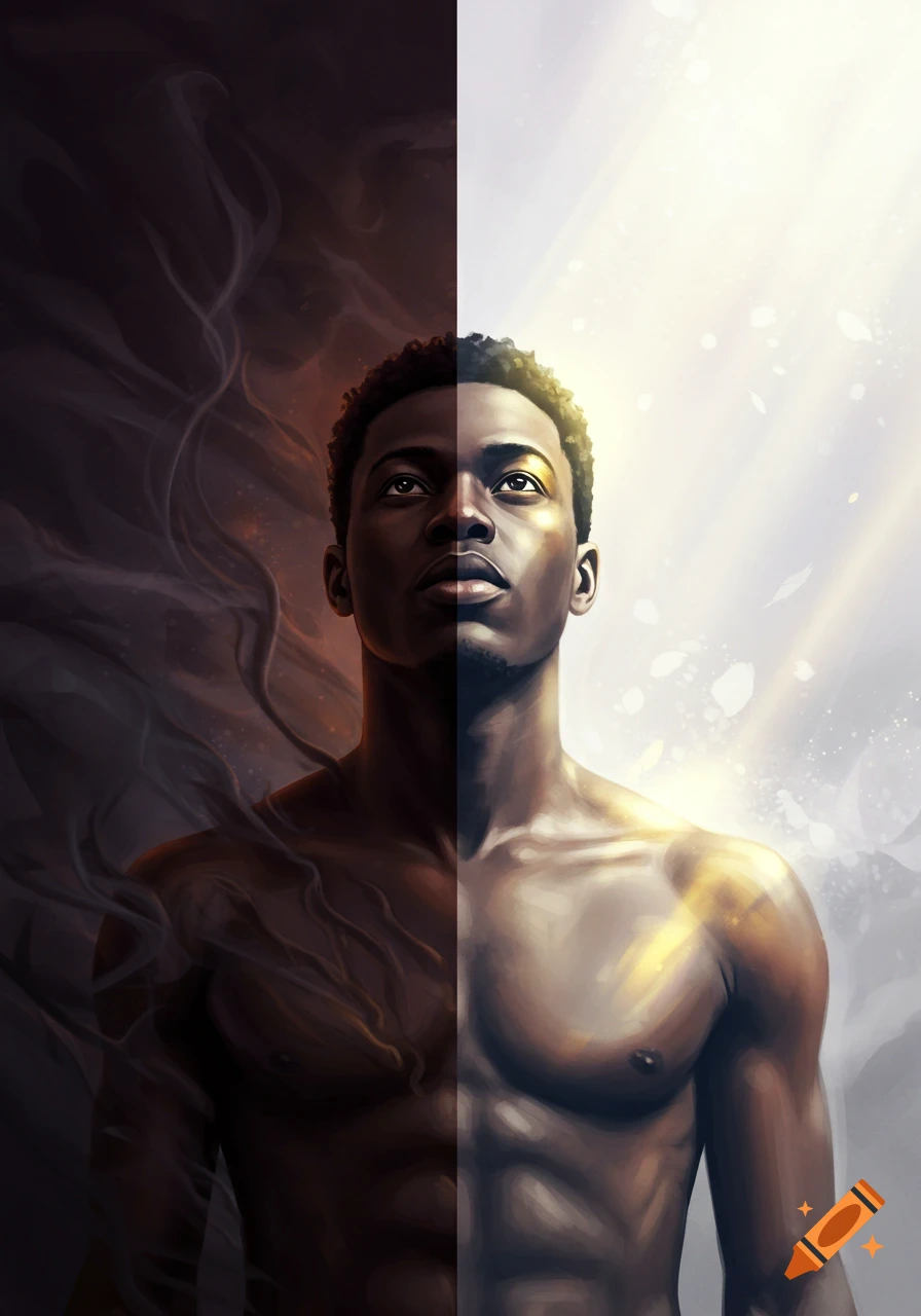A shirtless Black man's face and upper body split vertically; the left side is dark with smoke, the right is bright with light, as he looks up.
