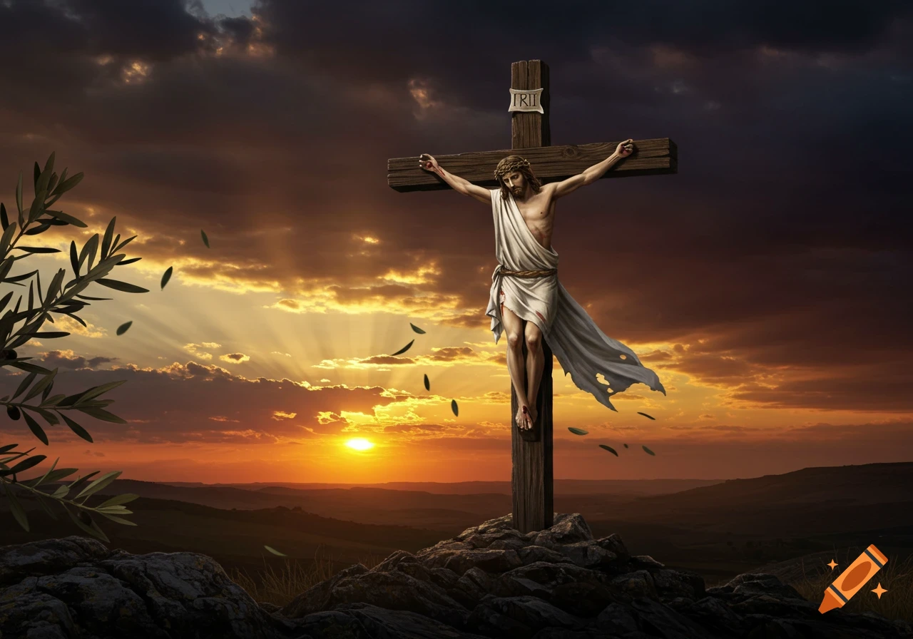 Jesus on the cross on a rocky hill with a dramatic sunset sky and olive branches in the foreground.