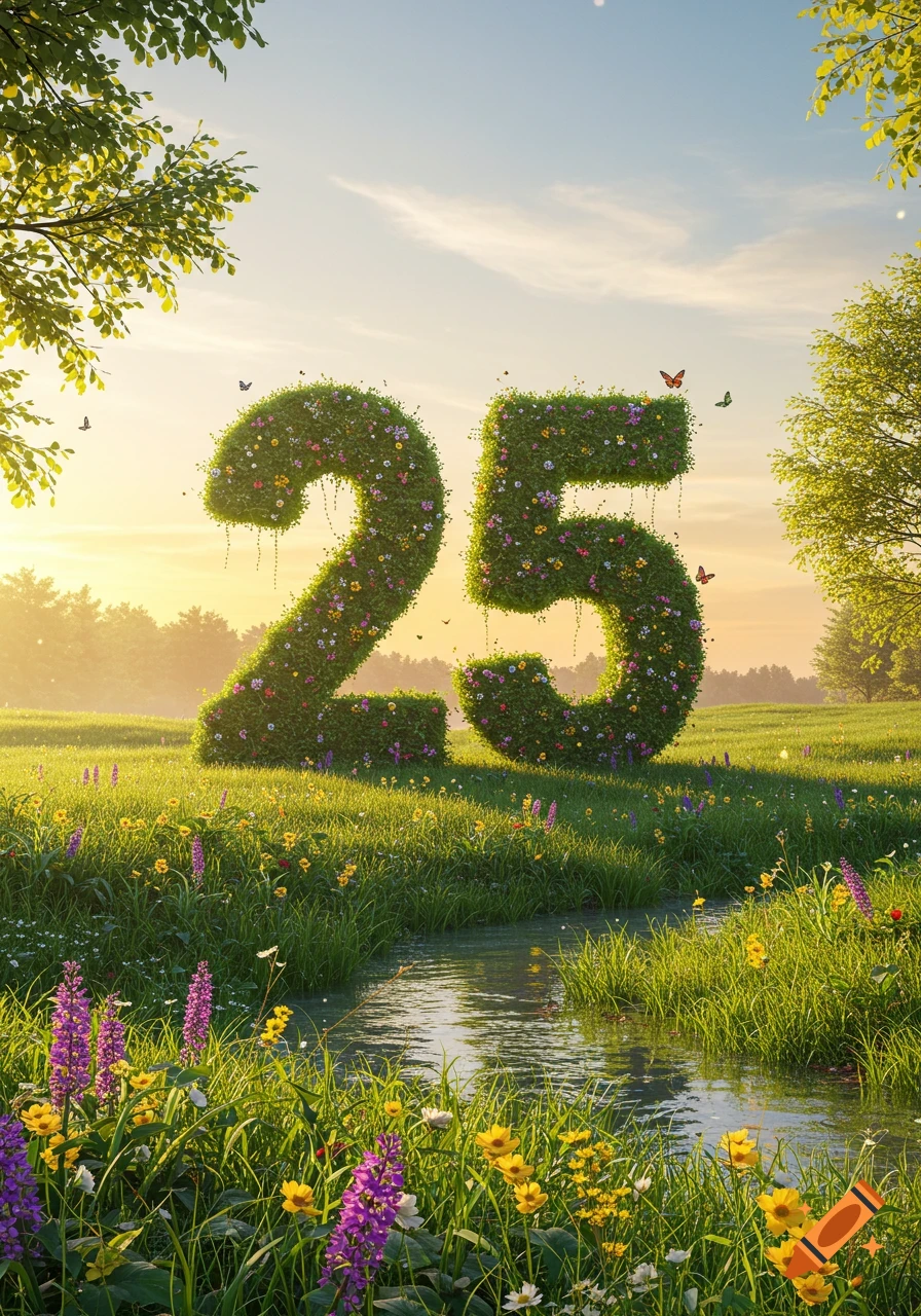 Large "25" numbers made of flowers and greenery in a vibrant, sunny meadow with a stream and wildflowers.