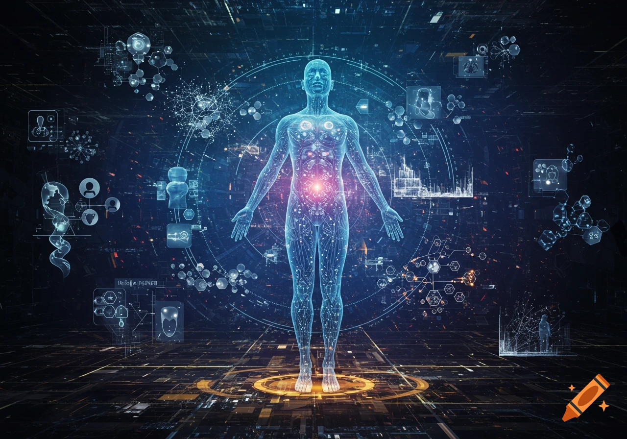 A glowing blue holographic human figure surrounded by futuristic digital interfaces, symbolizing AI and healthcare synergy.