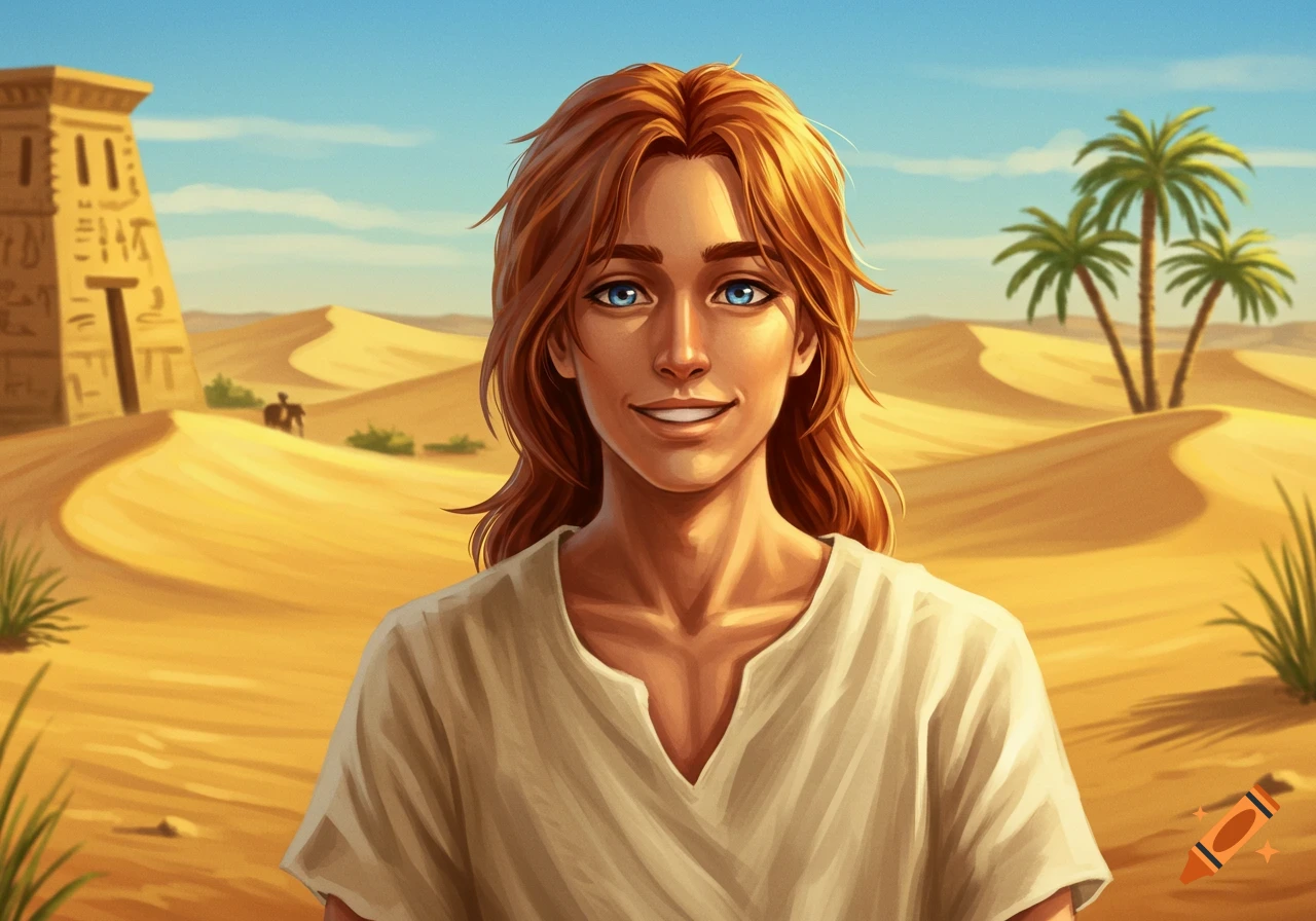 Young man with golden-red hair and blue eyes smiles in a desert with an ancient Egyptian temple and palm trees in an artistic style.