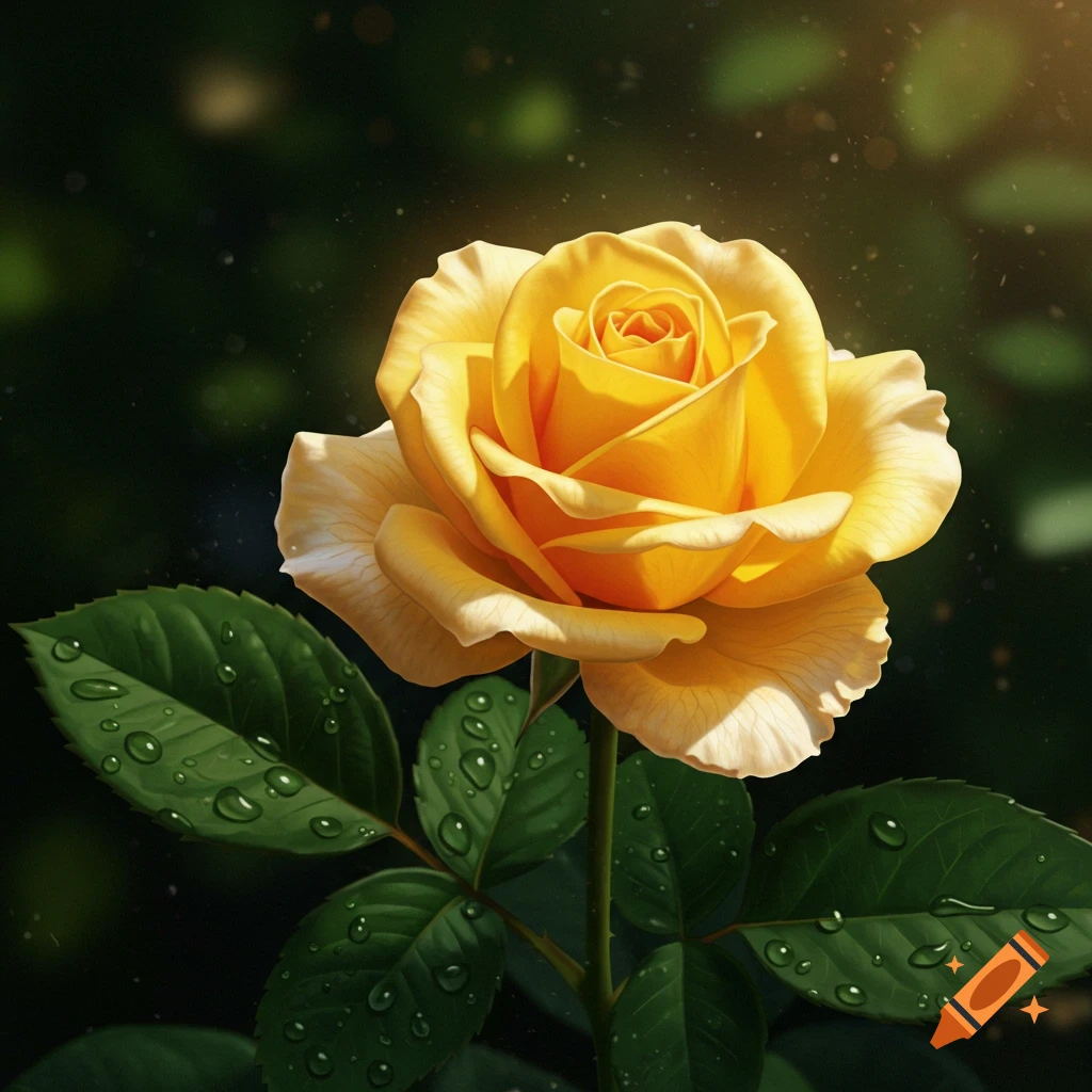 Photorealistic close-up of a vibrant yellow rose with green leaves and water droplets against a dark, blurred background.