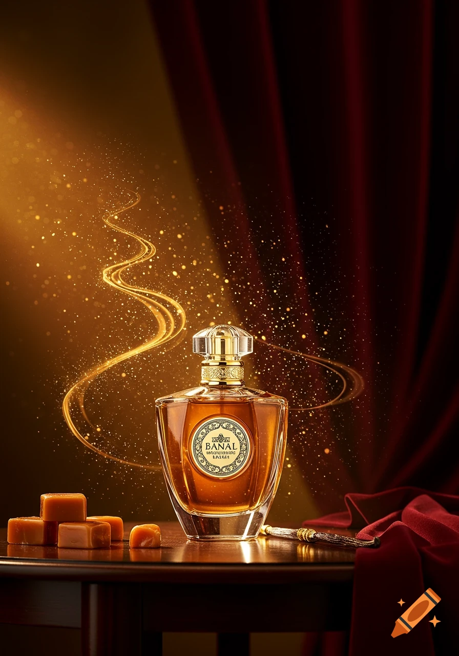 Photorealistic perfume bottle on a table with caramel candies, golden light, and red drapes in the background.