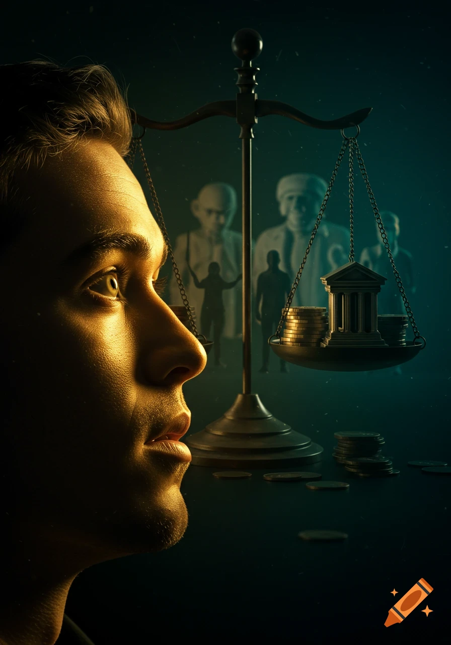 Close-up of a man's profile, illuminated by warm light, looking at a balance scale with coins, a bank, and shadowy figures.