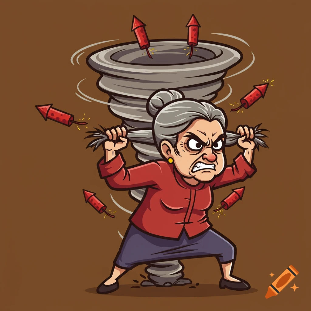 A comic-style illustration of an angry old woman pulling her grey hair in front of a tornado with floating firecrackers, on a brown background.
