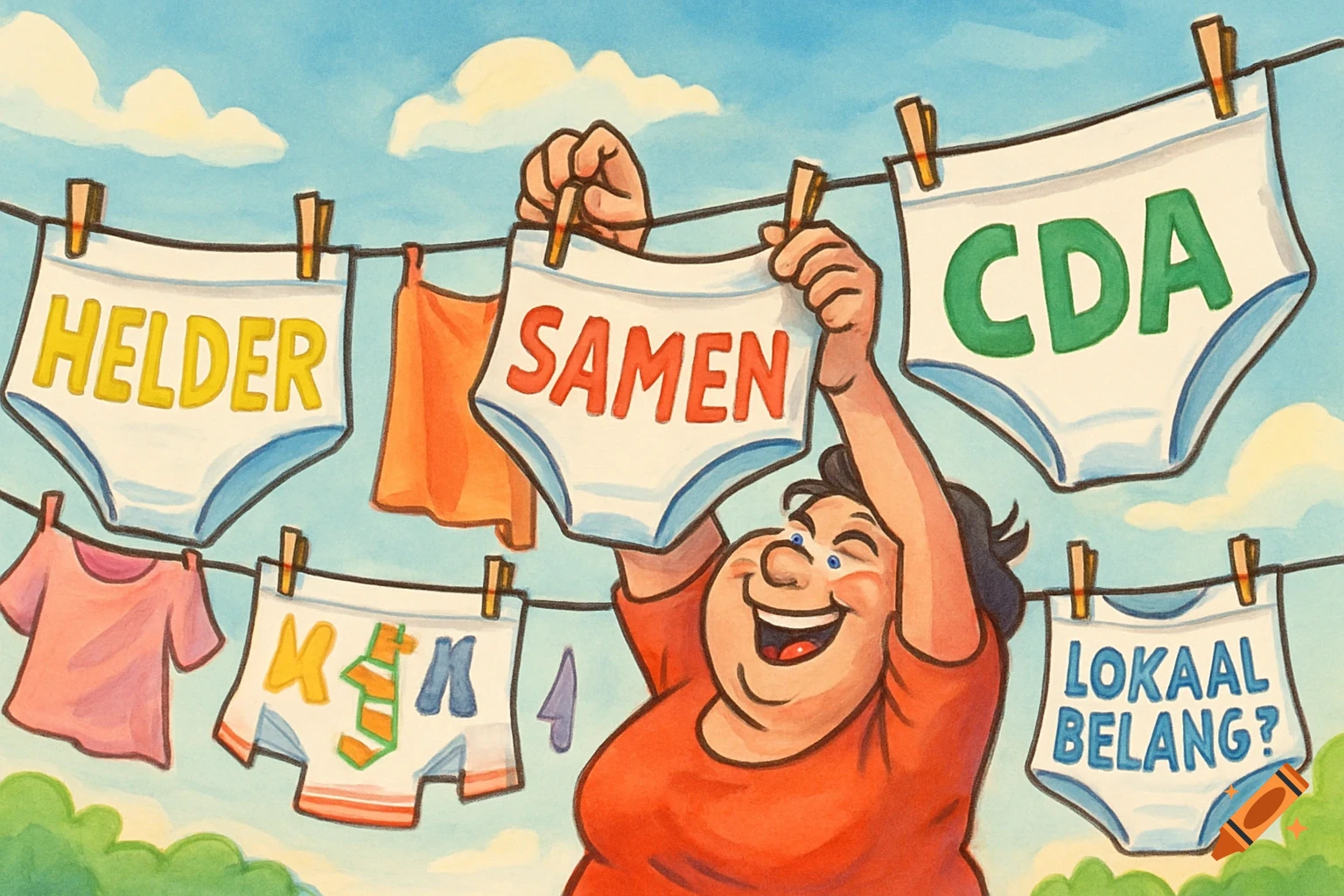 A smiling, plump cartoon woman hangs white briefs with political slogans like 'HELDER', 'SAMEN', 'CDA', and 'LOKAAL BELANG?' on a clothesline under a blue sky.