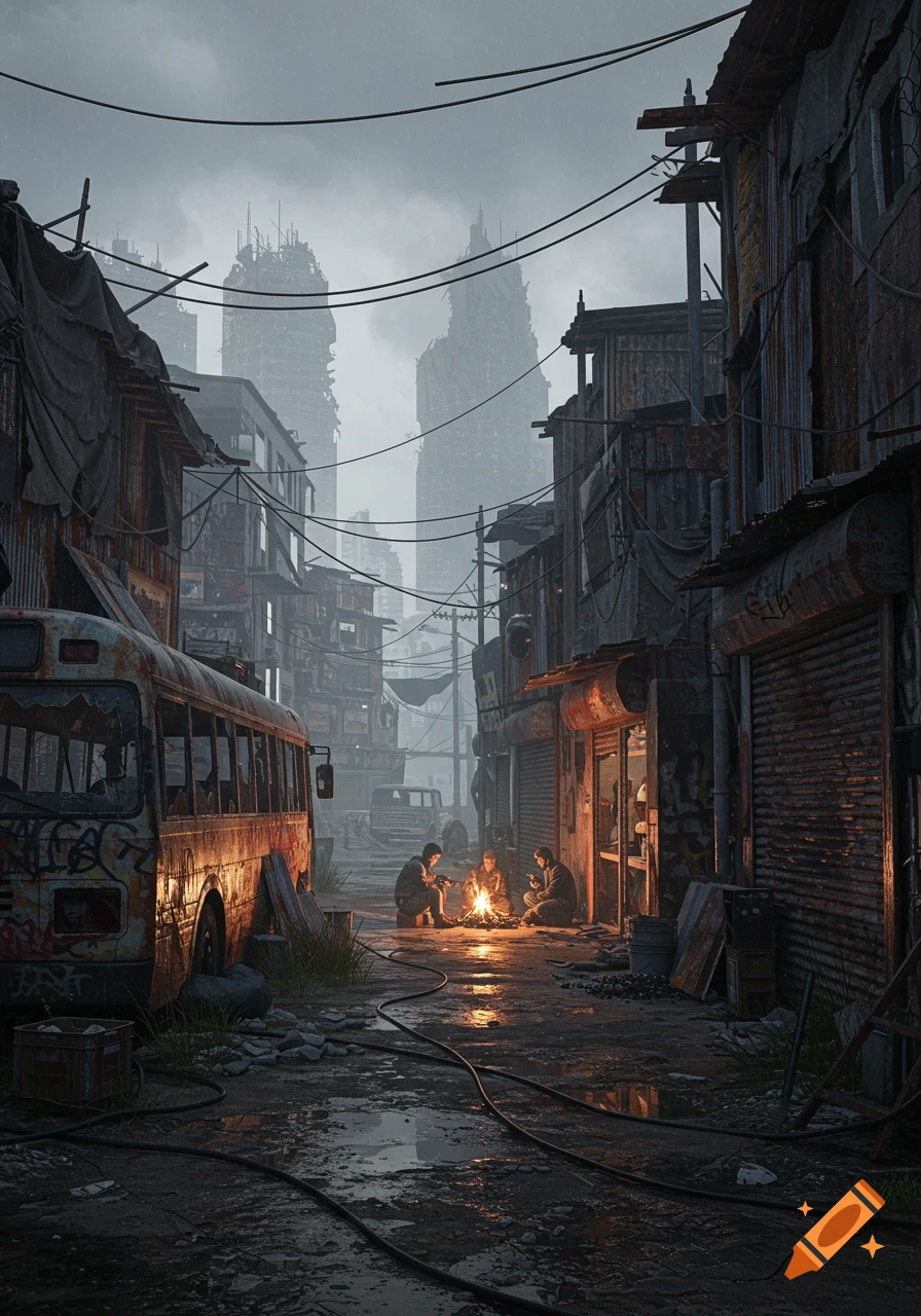 Post-apocalyptic street with three figures warming by a fire near a rusty bus and dilapidated buildings under a cloudy, grey sky.