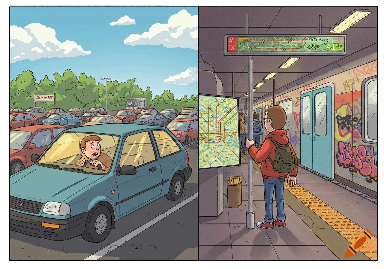 A cartoon split image shows a man stuck in traffic on the left and another man waiting for a graffiti-covered subway train on the right.