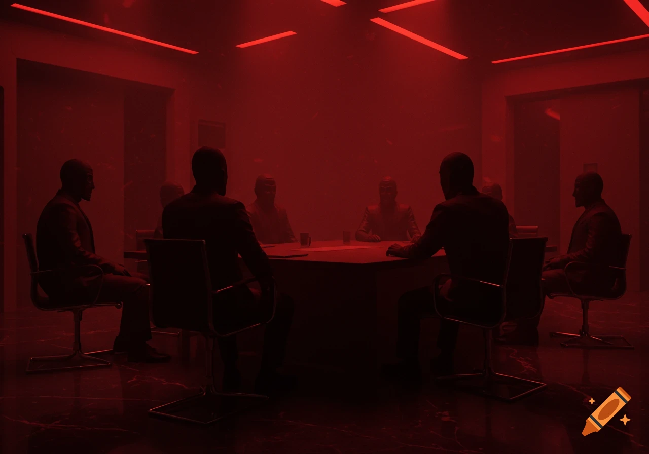 Silhouettes of people in a dark, red-lit modern room, sitting around a table for a secret meeting.