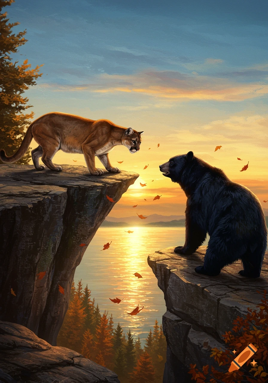 A mountain lion and a black bear stand on separate rocky cliffs, facing each other above a calm lake reflecting a vibrant sunset, with autumn trees and falling leaves.