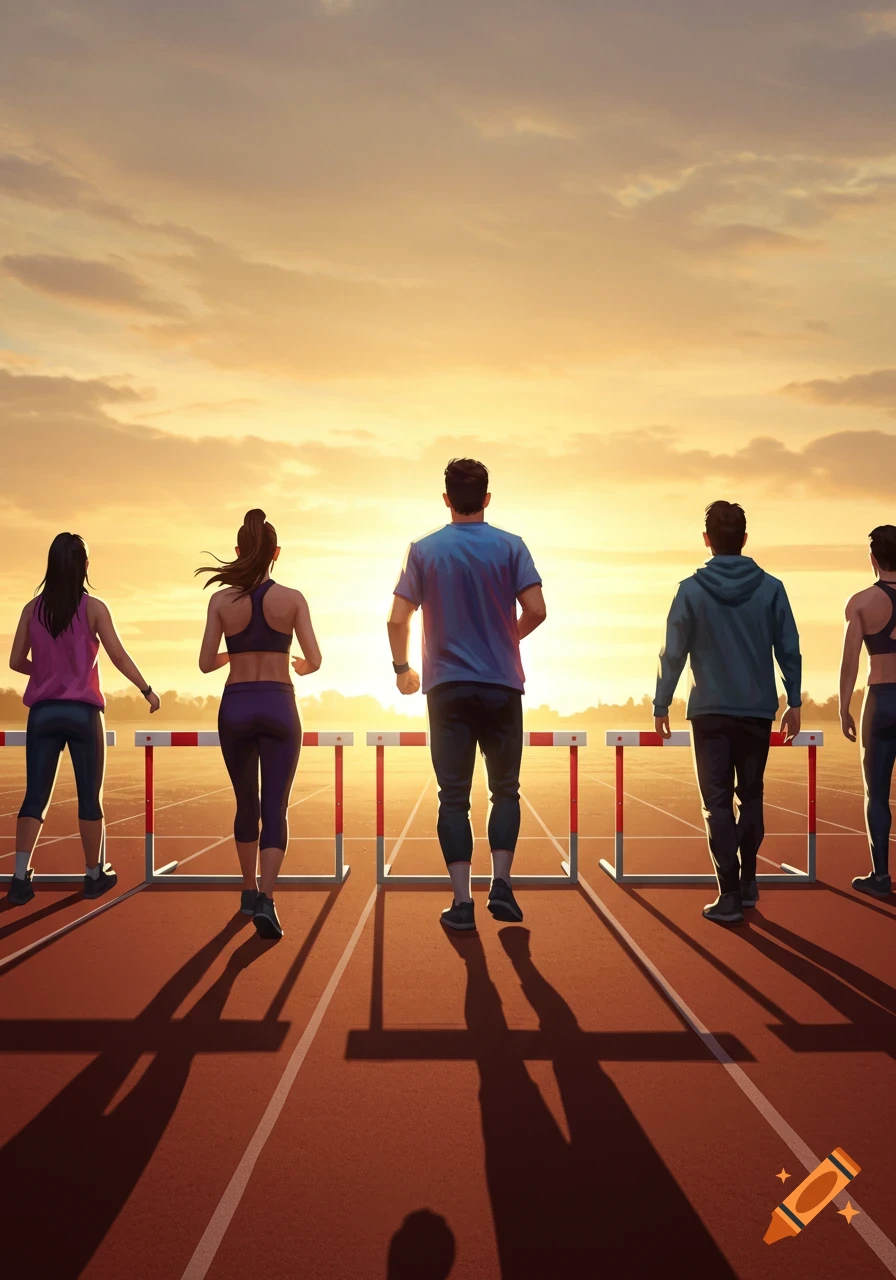 Five athletes stand at the start of a running track with hurdles, looking into a vibrant sunset. Illustrated style.