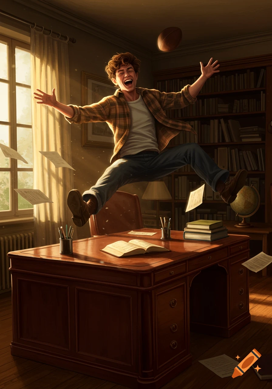 A joyful young man in a plaid shirt jumps exuberantly over a desk in a sunlit study, papers and a football flying.