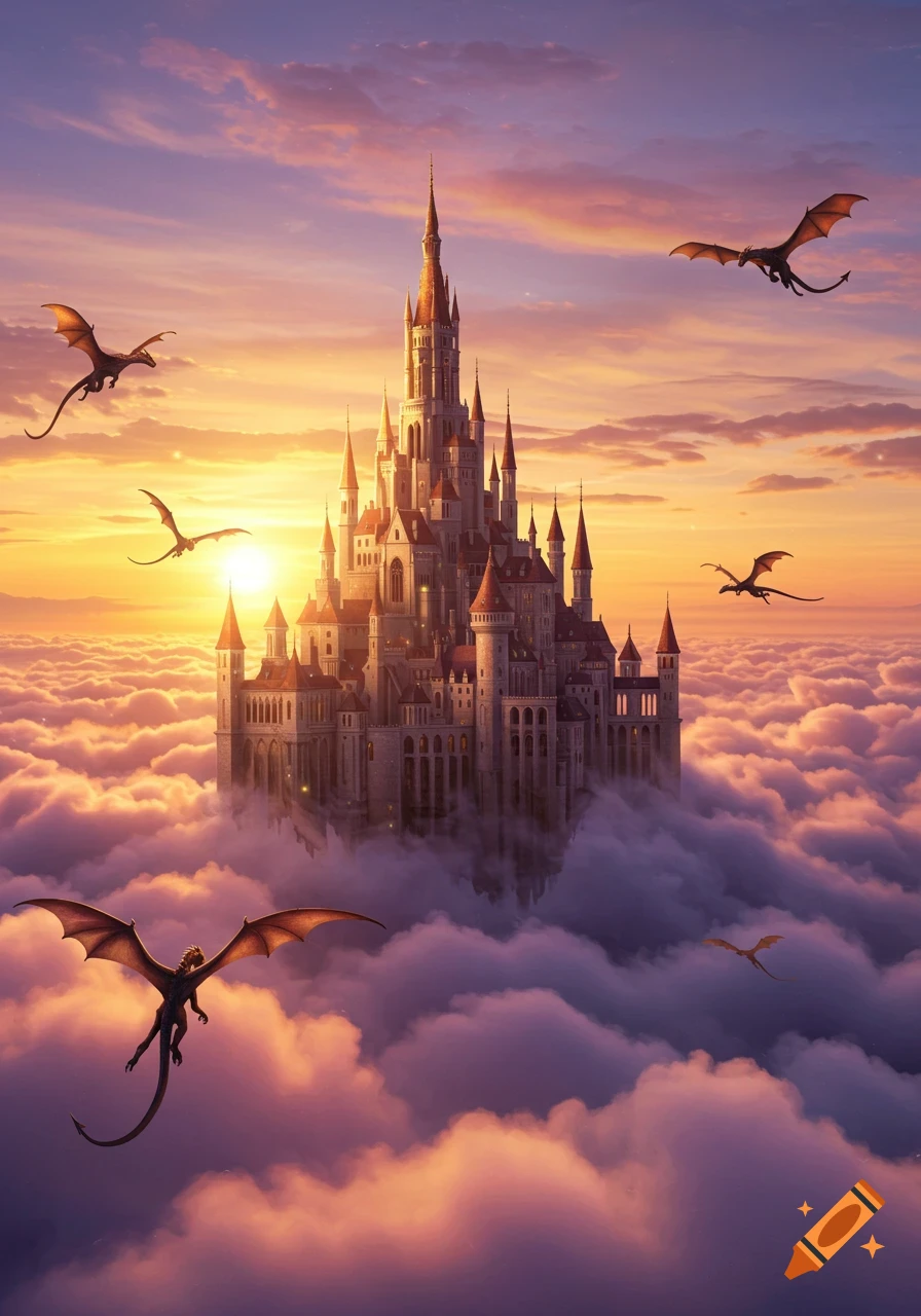 A grand fantasy castle floats above vibrant clouds at sunset, with dragons soaring around its spires.