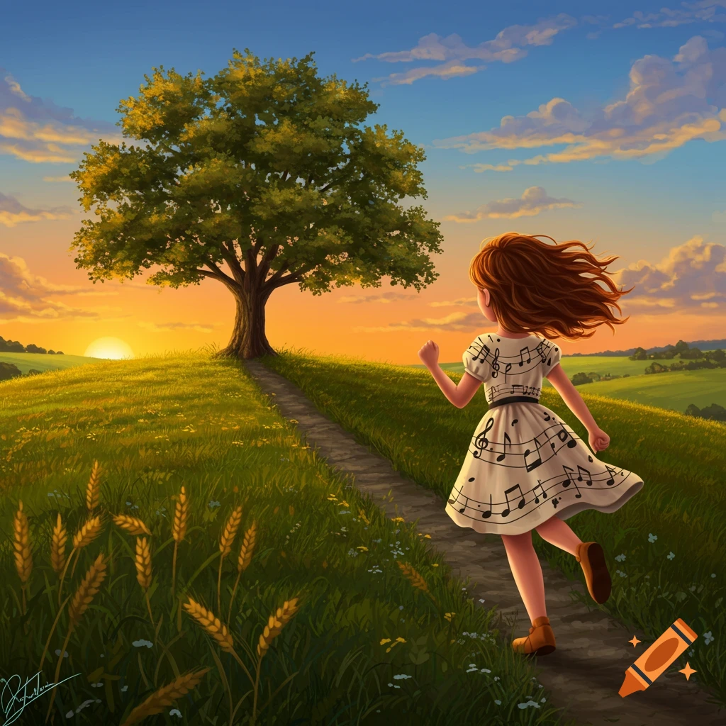A cartoonish girl with red hair in a white dress adorned with musical notes runs up a grassy hill towards a large tree at sunset, under a blue sky.