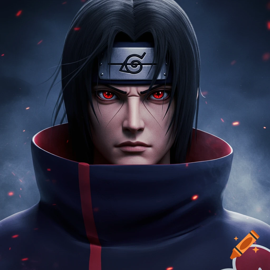 Close-up portrait of Itachi Uchiha from Naruto with black hair, red Sharingan eyes, and a rogue ninja headband, wearing an Akatsuki cloak.