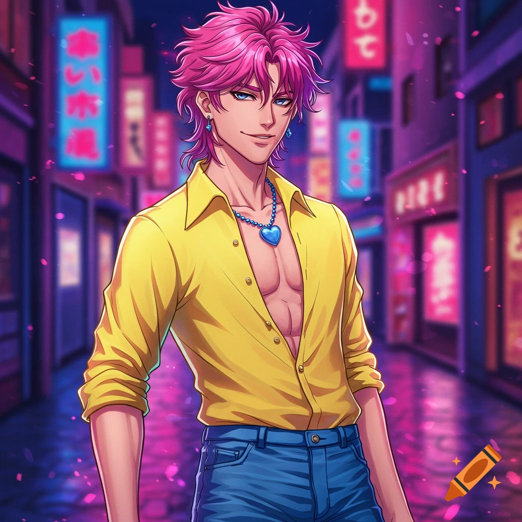 An anime guy with spiky pink hair, a partially unbuttoned yellow shirt, blue heart necklace, and blue jeans, stands smiling on a neon-lit city street at night.