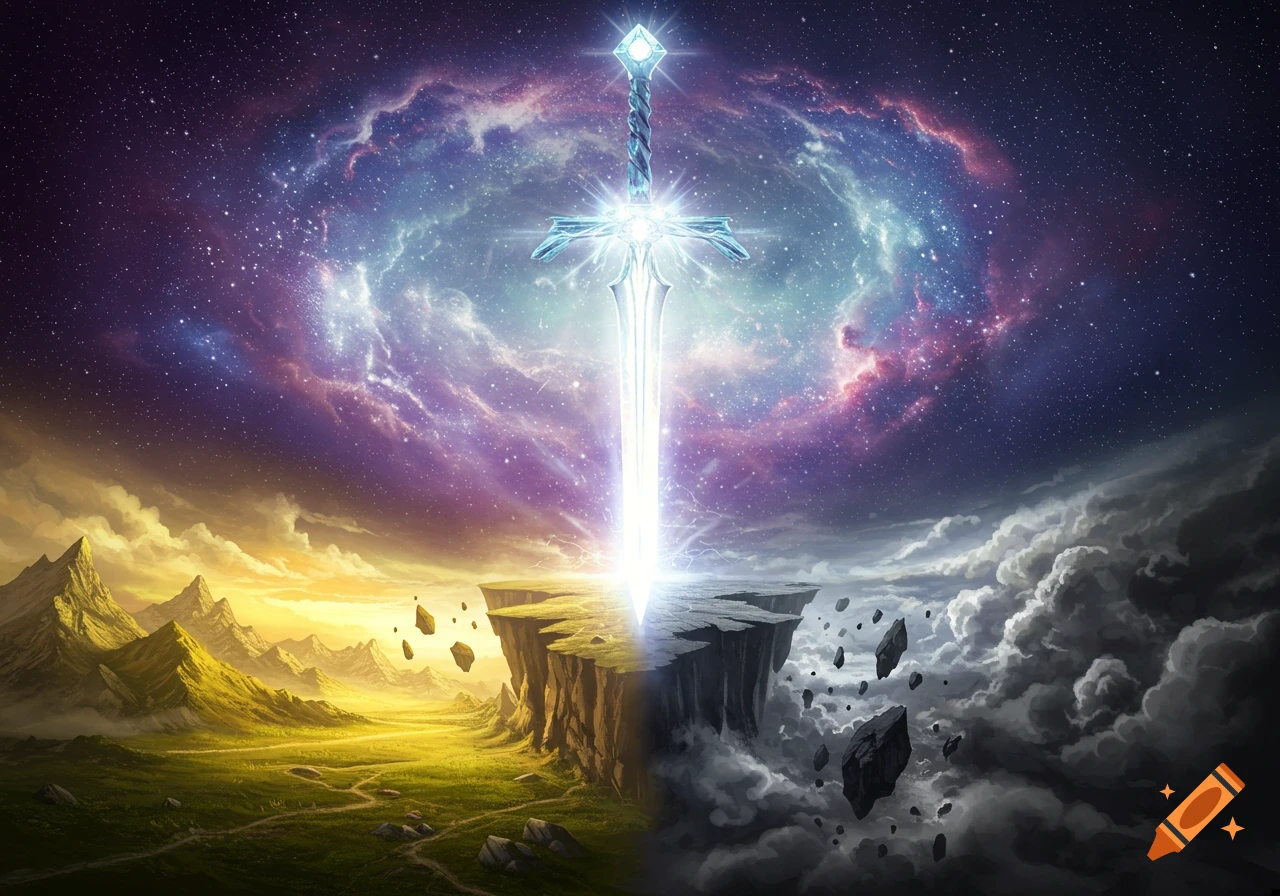 A glowing sword descends from a cosmic sky, splitting a vibrant green landscape from a dark, stormy one with floating rocks.