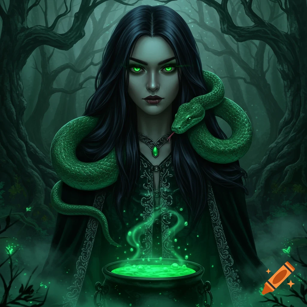 A dark fantasy digital art portrait of a black-haired, green-eyed witch with a green snake on her shoulders, holding a glowing green cauldron in a gloomy forest.