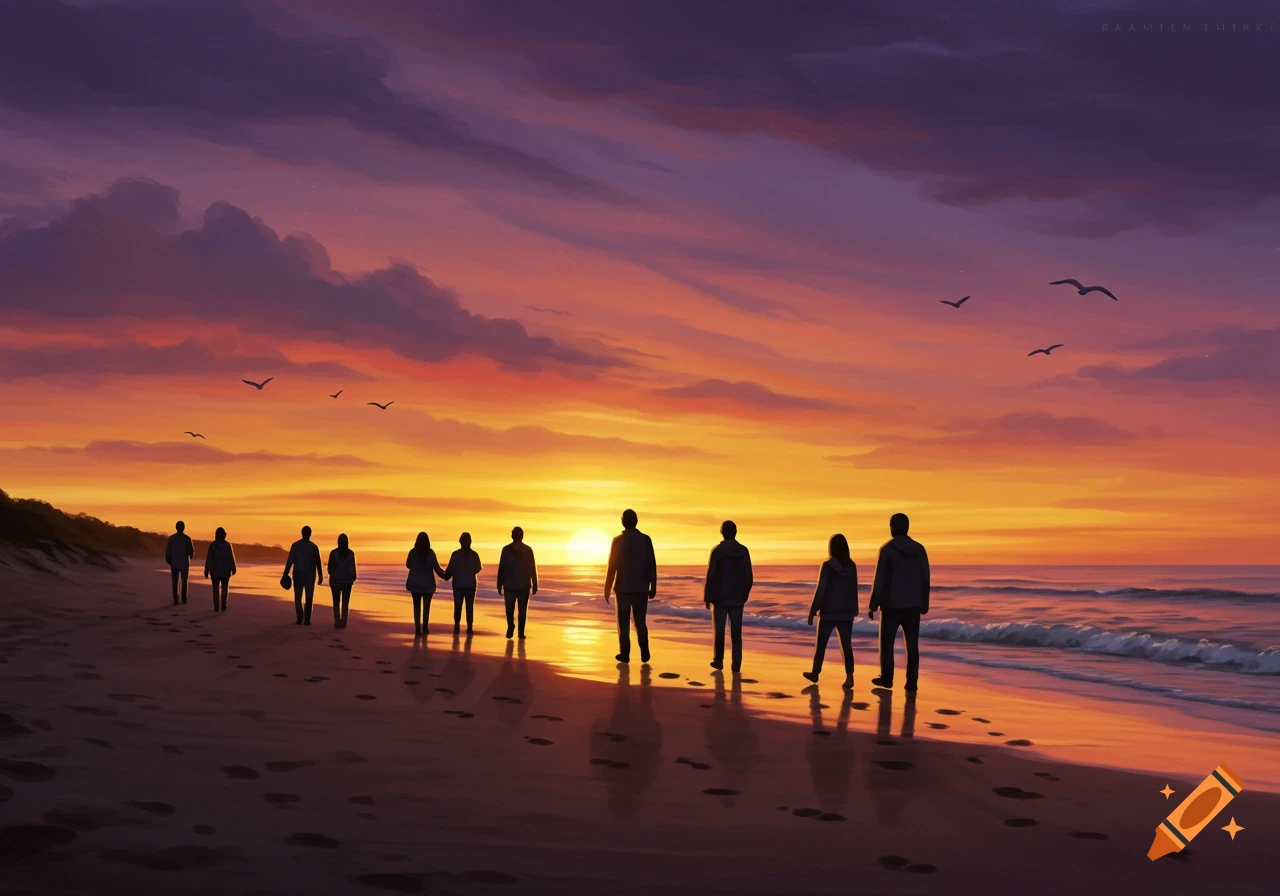 A group of people walk as silhouettes on a beach at sunset, with an orange and purple sky reflecting on the wet sand.