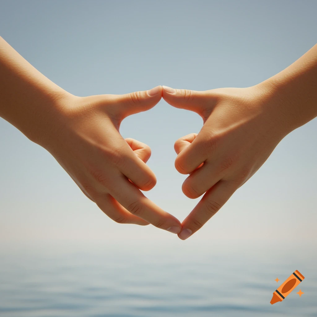 Two hands form a heart shape against a blurred blue sky and water background.