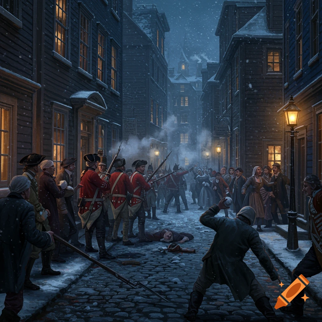 A dramatic painting of the Boston Massacre, British soldiers confront an angry crowd in a snowy colonial street at night.