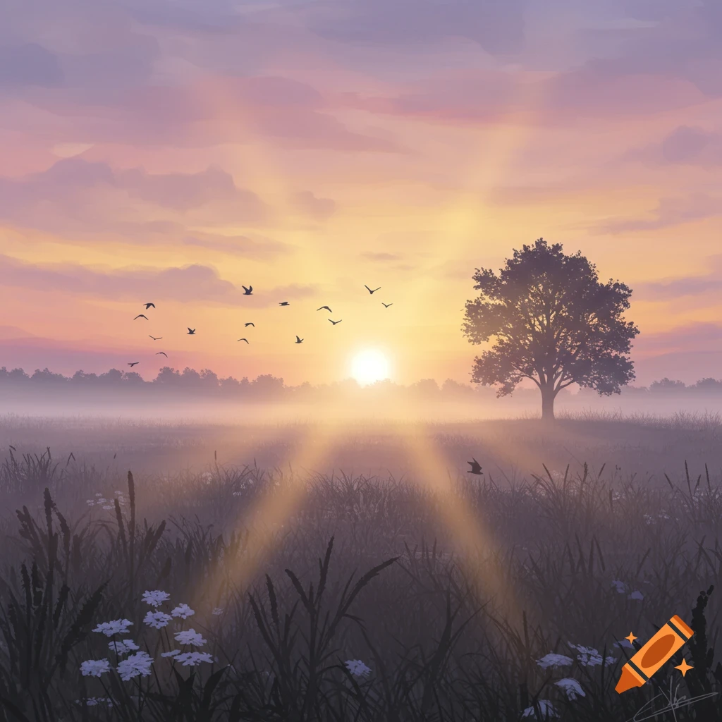 Misty sunrise digital painting over a field with a lone tree and flying birds, bathed in warm orange and purple light.