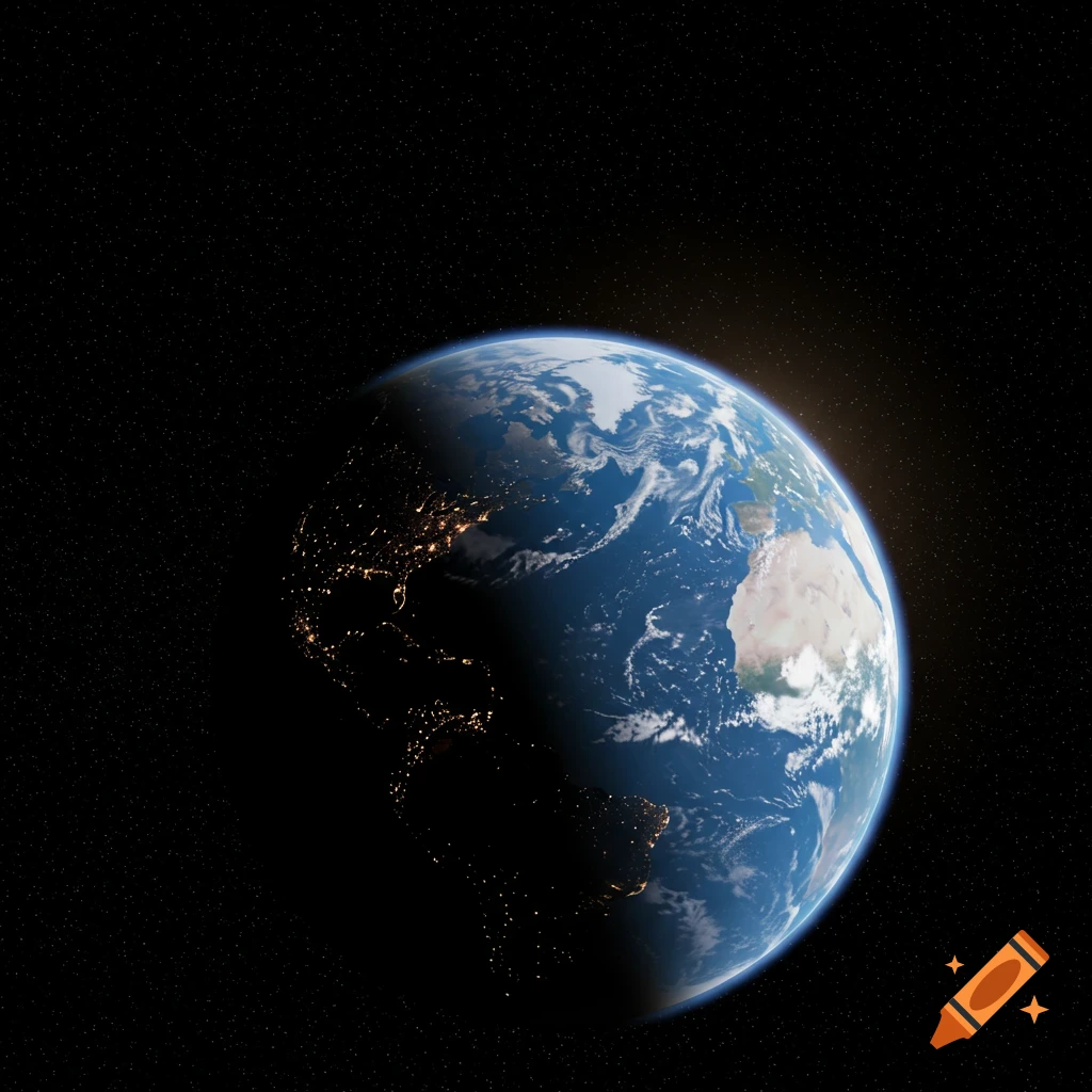 Photorealistic view of Earth from space, with city lights visible on the night side and sunlit continents on the day side.