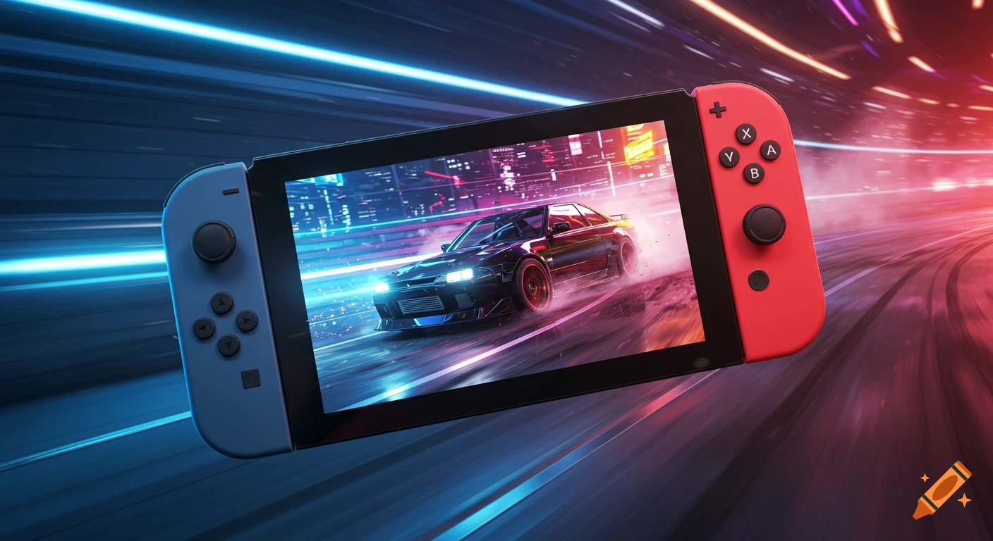 A Nintendo Switch console displays a black car drifting on a neon-lit urban track, set against a dynamic, futuristic background.